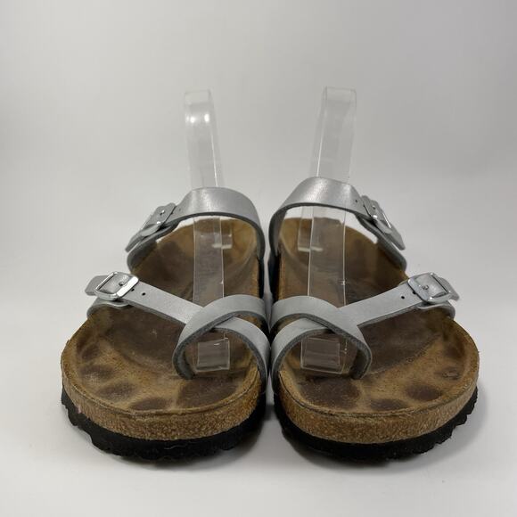 Birkenstock Mayari Sandals Womens Size 39/ 8-8.5 Silver Toe Loop Slides Birkibuc - Picture 2 of 9